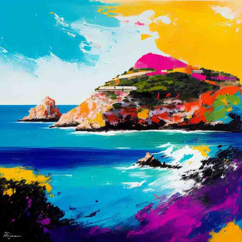 Colorful fine art painting of Ibiza. The island is surrounded by a body of water, and there are waves crashing against the shore