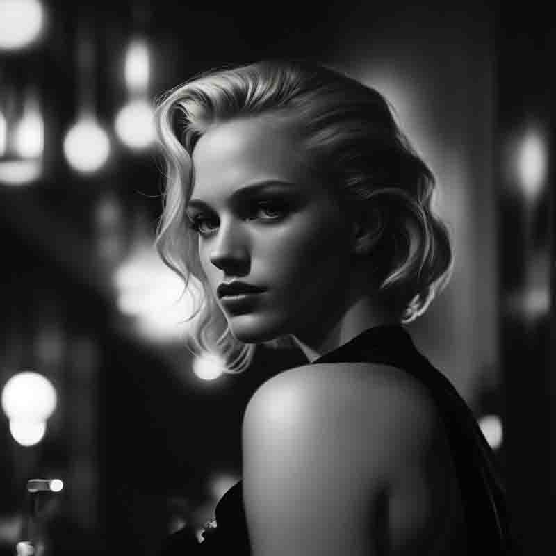 Classic black and white photo of a blond sensual lady seated in a jazz bar.