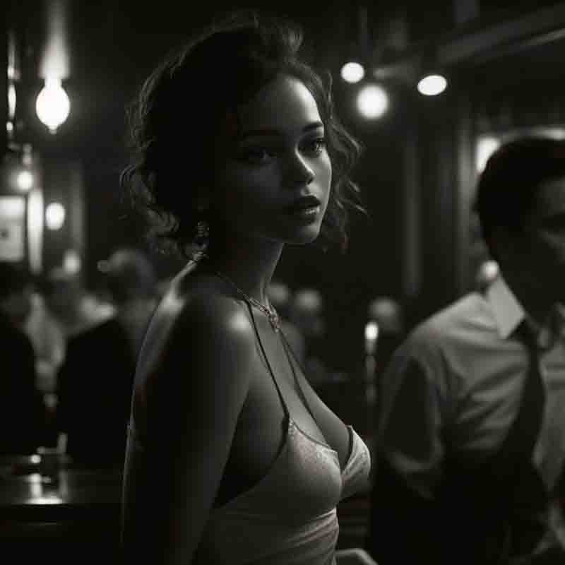 A woman in a white dress standing confidently in a jazz bar, exuding elegance and poise.