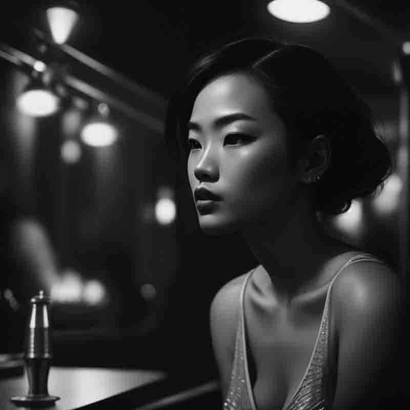 Monochrome portrait of an Asian lady seated in a jazz bar.