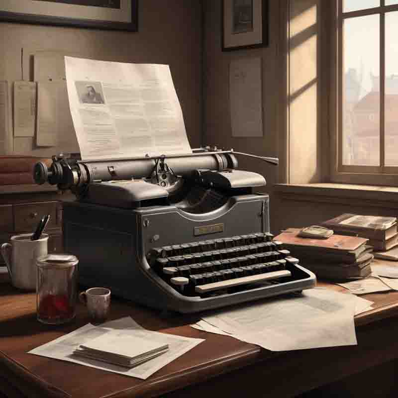 A vintage typewriter on a desk by a window.