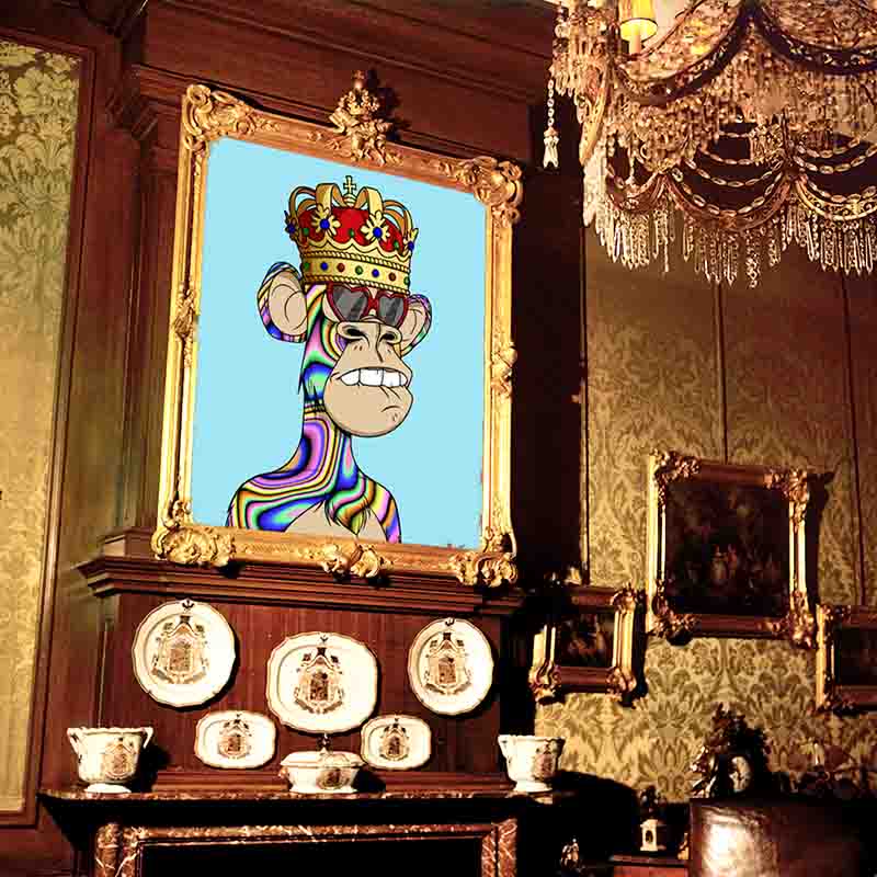 Luxurious room with decoration of a Bored Ape NFT in a gold frame on the wall