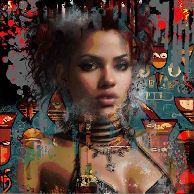 Sensual Latin woman with tattoos and piercings depicted in a digital painting.
