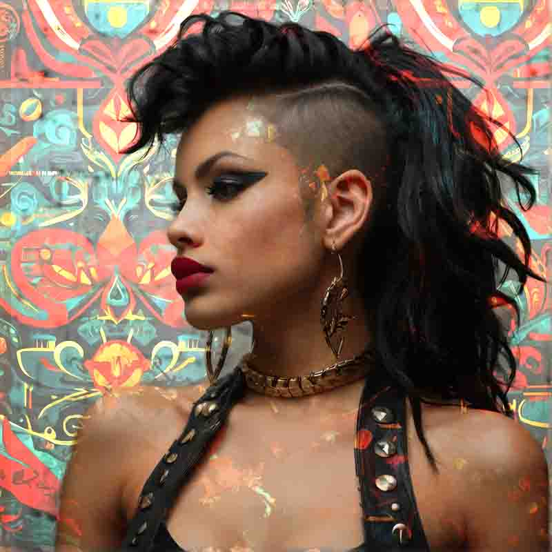 A Latin woman with a stylish mohawk hairstyle and trendy earrings.