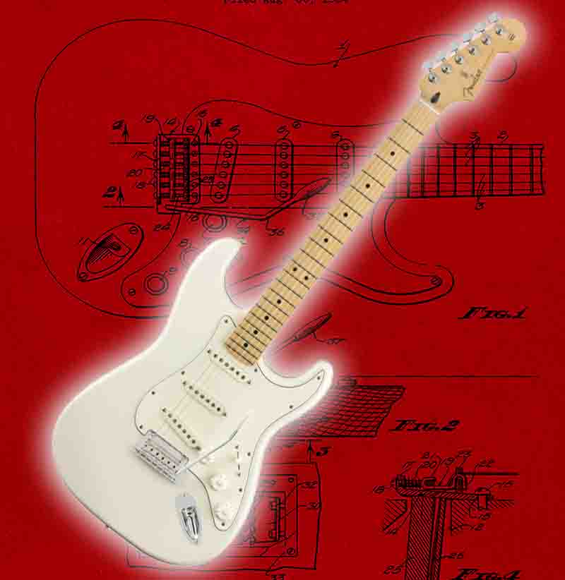A white fender stratocaster electric guitar on a red background, creating a vibrant contrast.