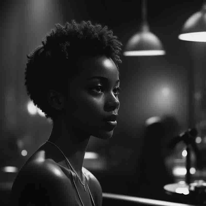 Monochrome image of a woman seated in a jazz bar.