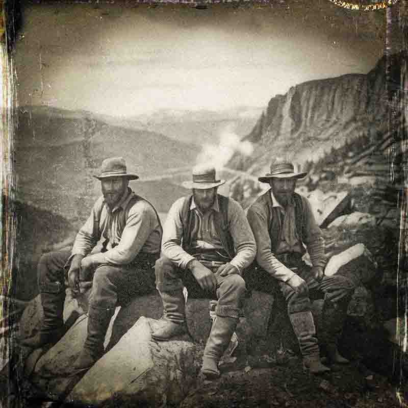 Three men in cowboy hats and Levis Denim Jeans sitting on a rock, enjoying the scenic view of the vast landscape.