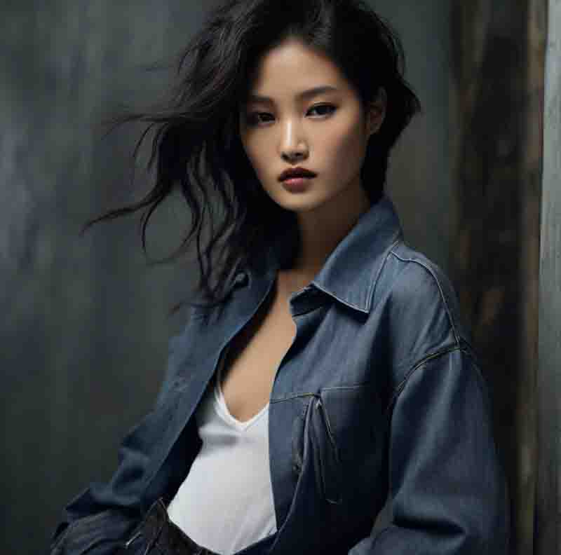 Sensual A sianwoman wearing a denim jacket and skirt, exuding a fashionable and casual vibe.