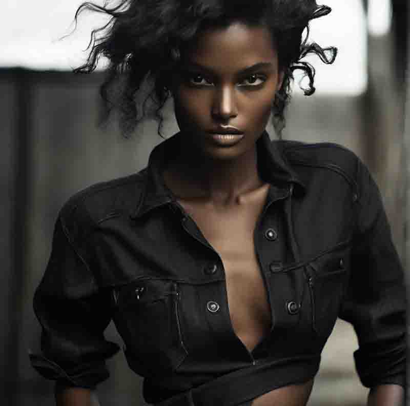 Sensual black woman wearing a denim shirt, exuding confidence and style.