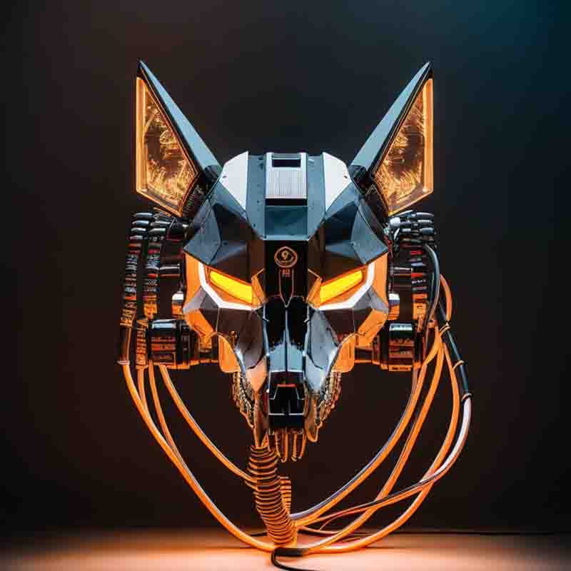 Likewolf 3-D mask with orange glowing eyes. Sci-Fi wolf masks head is the icon of Likewolf Brand