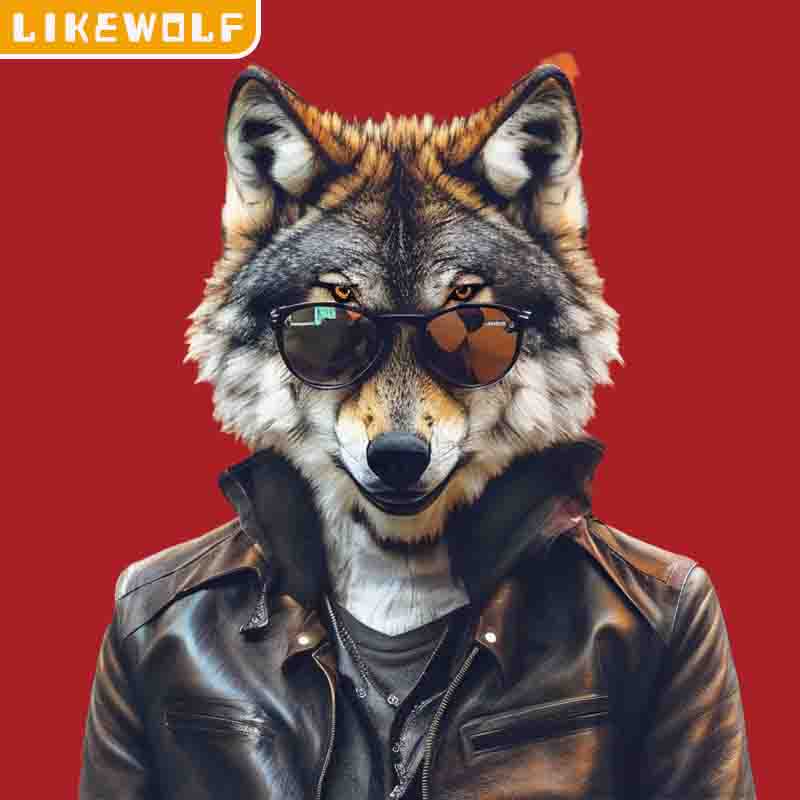 Likewold AI-generated cartoon Wolf wearing leatherjacket and sunglasses