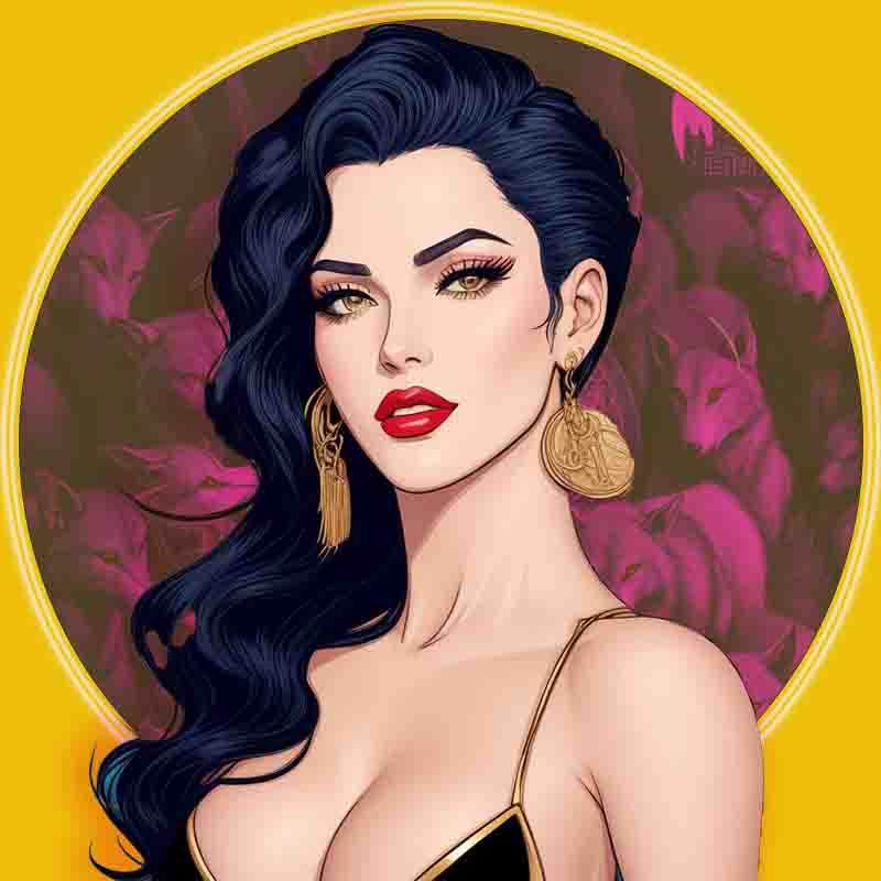 A sensual woman with long black hair and a gold necklace representing the Likewolf Crypto Coin.