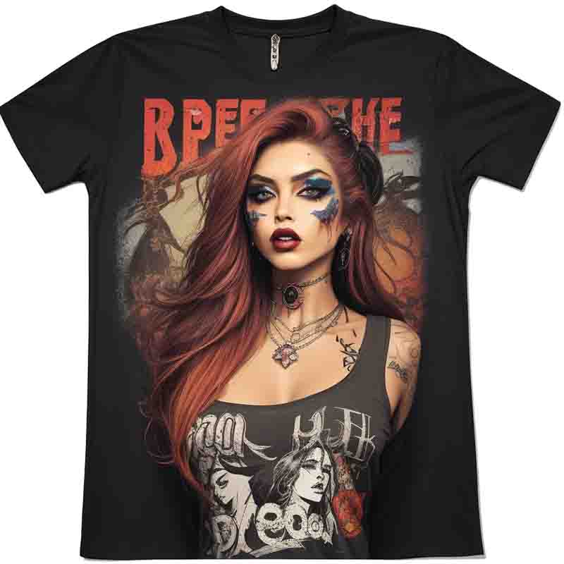 A captivating black t-shirt adorned by a fiery-haired woman, her body adorned with vibrant tattoos.