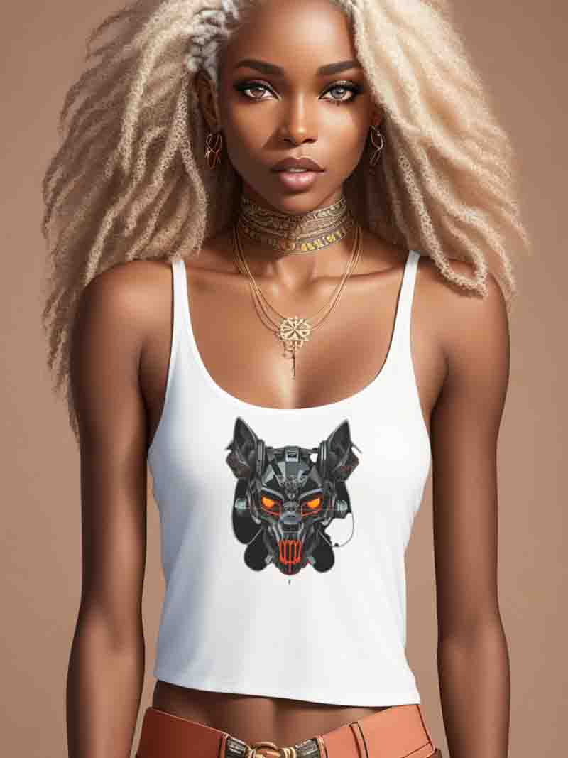 Black female Model wearing white street wear tank top with Likewolf Robot head Design