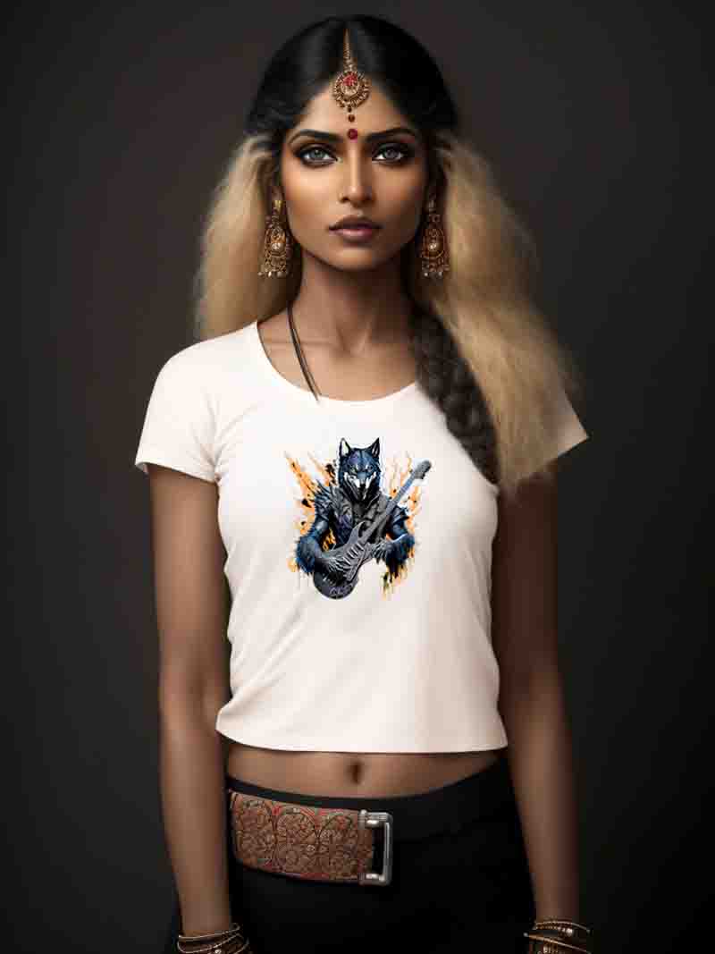 Indian female Model wearing white street wear tank top with Likewolf Robot head Design
