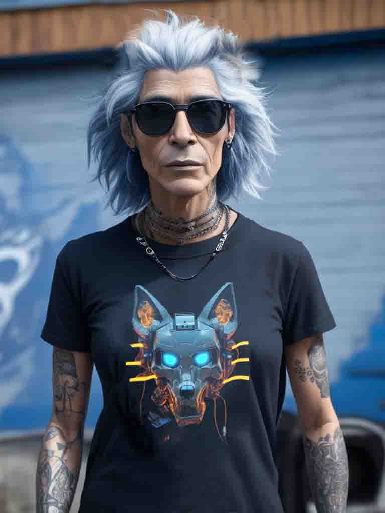 Male model wearing black street wear T-Shirt with Likewolf Robot Head Design