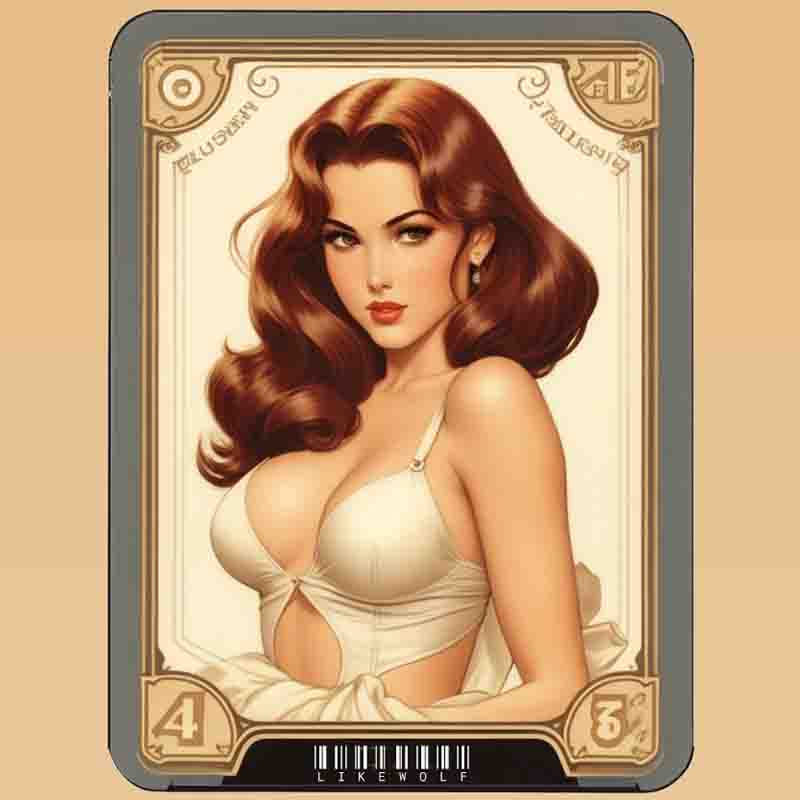 A pin-up trasing card featuring a woman in a white bra, exuding elegance and allure.