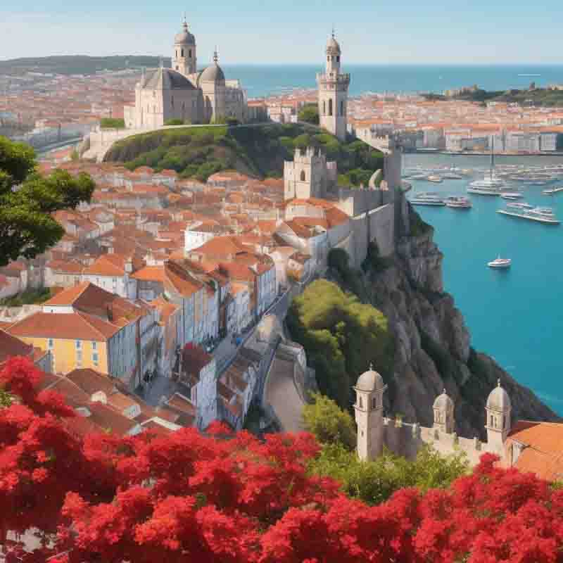 Lisbon, Portugal, adorned with vibrant red flowers, showcasing the city's charm and natural beauty.