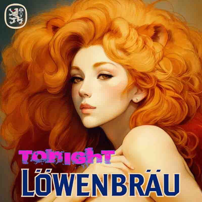 Red head Löwenbräu beauty. Featuring the text Tonight Löwenbräu and in addition the Löwenbräu logo.