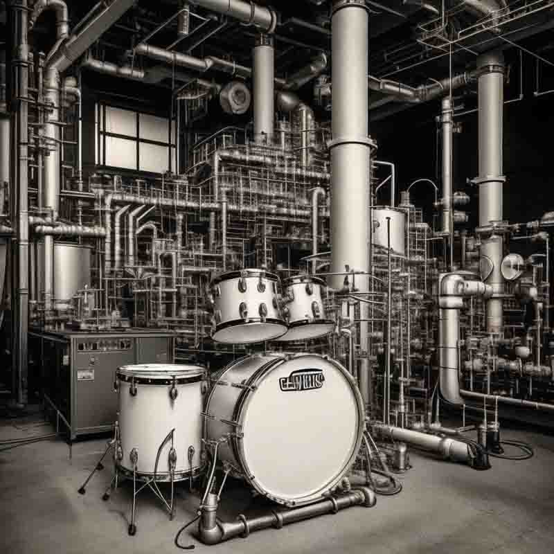 Black and white photo of a drum set in a factory. The drum set is the focal point of the image.