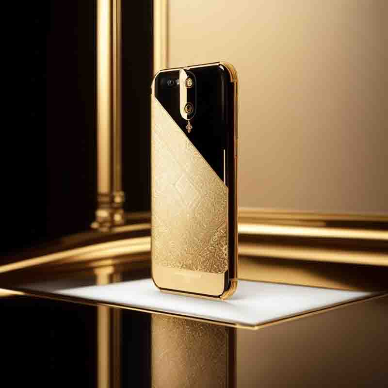 Gold phone luxury brand case elegantly rests on a table, exuding a touch of luxury and sophistication.