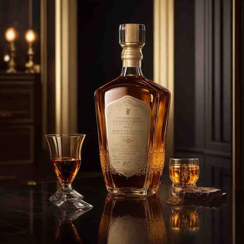 Exquisite pairing of a fine luxury brand whiskey bottle and a crystal glass.