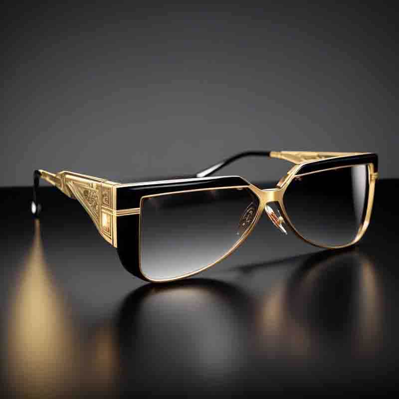 Gold and black Augmented Reality sunglasses resting on a sleek black surface.