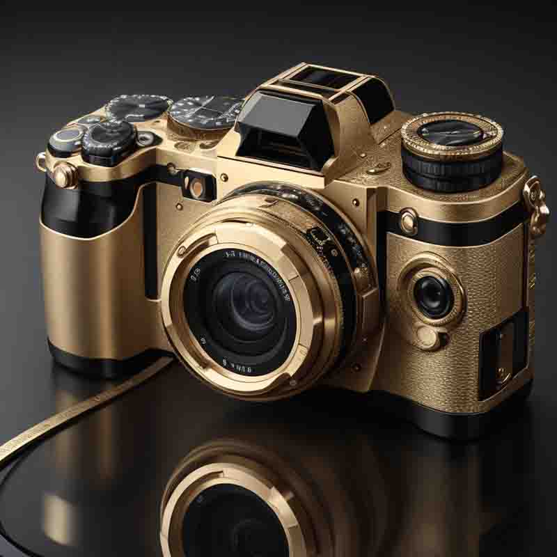 Gold camera on black background.