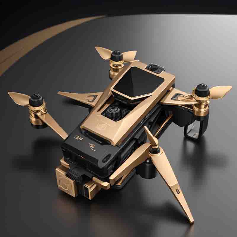 Sleek gold and black drone on dark surface.