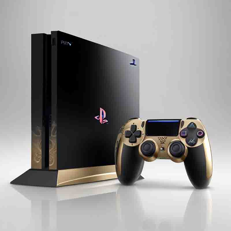 A picture of a PS4 console showcasing elegant gold and black detailing.