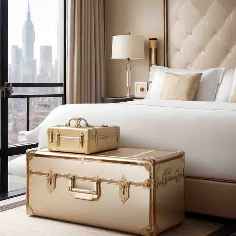 A hotel room with a bed, suitcase, and city view.