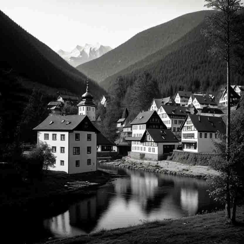 Black and white photo of small town Markneukirchen in Germany in 1800. The town is surrounded by trees and mountains, and there is a river running through the town.