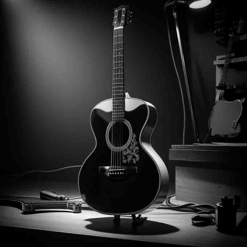Black and white photo of an acoustic guitar sitting on a table. The guitar has a dreadnought body shape with a cutaway. The guitar has a gloss black finish and a tortoiseshell pickguard