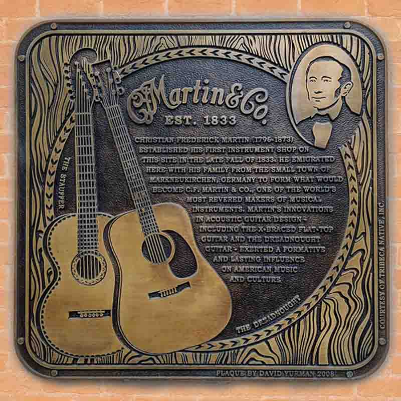 Memorial plaque outside 196 Hudson Street, NYC, the first Martin & Co. guitar store.