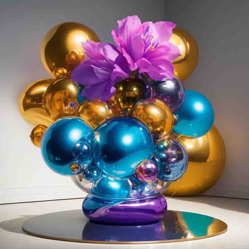 Photo realistic image of a sculpture of a bouquet of flowers. The sculpture is made up of shiny metallic spheres in gold, blue and purple colors.