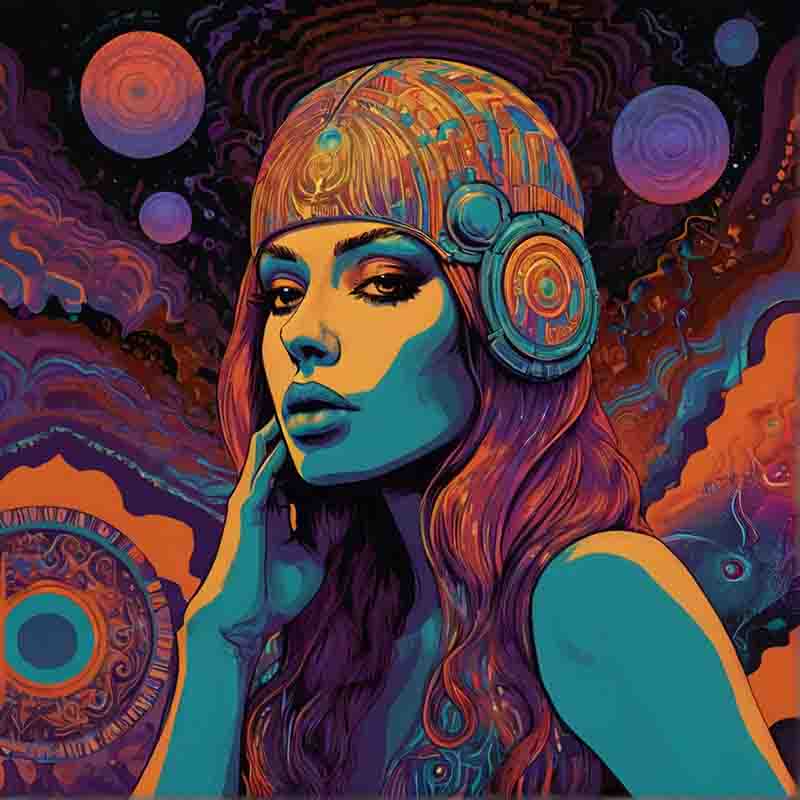 Psychedelic Rock woman with colorful swirls around her, wearing headphones.