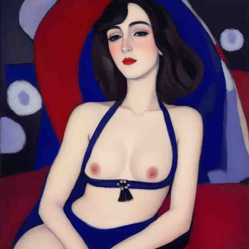 Modern Art painting of a sensual nude woman with black hair and red lips. The background is blue and red.