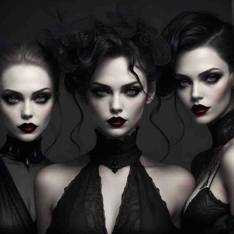 Three women with striking black and red Halloween makeup striking a pose for a photograph, exuding confidence and style.