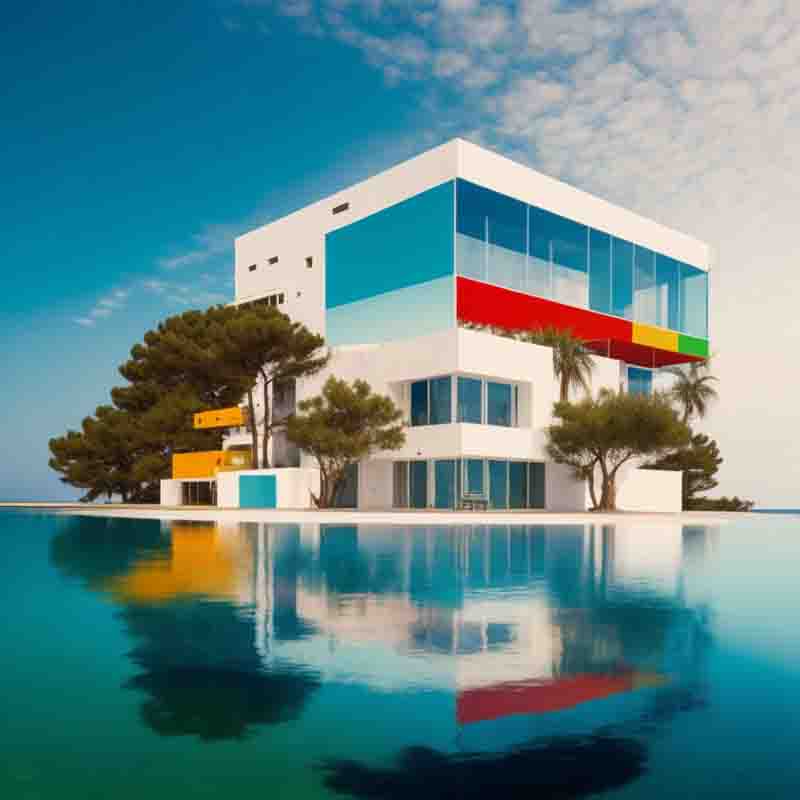 Photo-realistic image of a modern, white, three-story Ibiza real estate with a pool in the foreground. The building is surrounded by palm trees and other greenery. The pool is a deep blue and is reflecting the building and the sky.