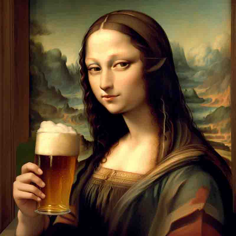 A refined artwork showcasing a woman in a poised stance, gracefully holding a glass of beer. The woman depicted is modeled after the Mona Lisa.