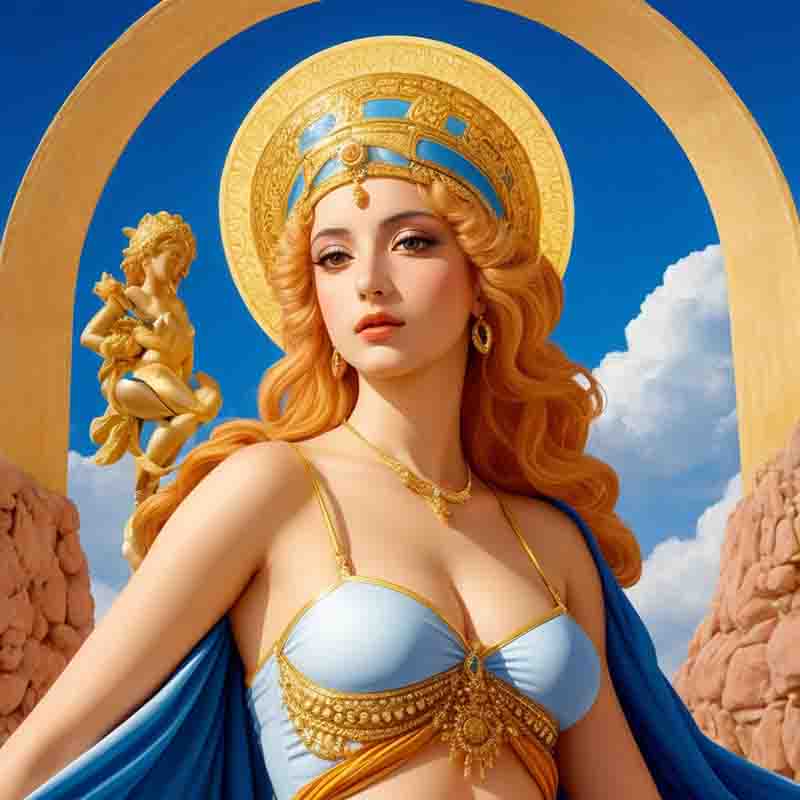A classic painting of Ibiza's moon goddess and protector Tanit with golden angel on shoulder. In the background a golden circle and blue sky