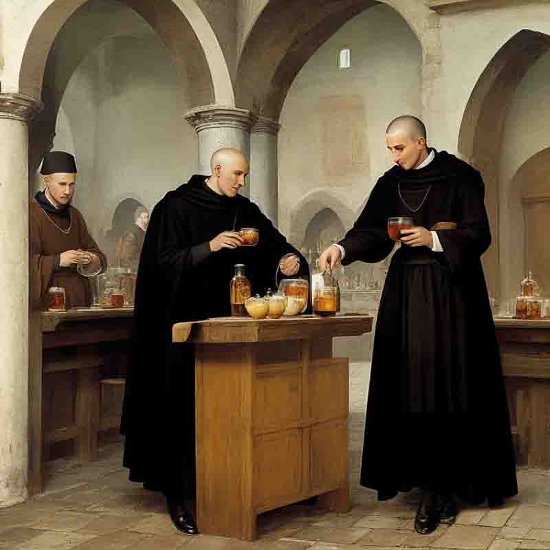 Monks within the monastery walls of the beer capital Munich performing the alchemy of beer brewing.