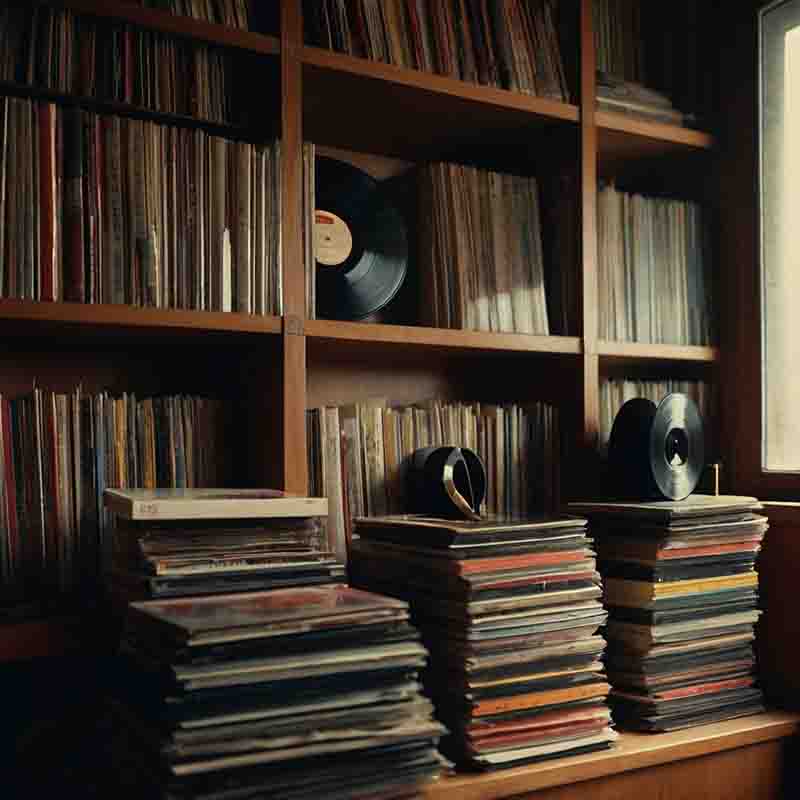 A stack of vinyl records neatly arranged on a shelf in a cozy room, showcasing a variety of album covers..