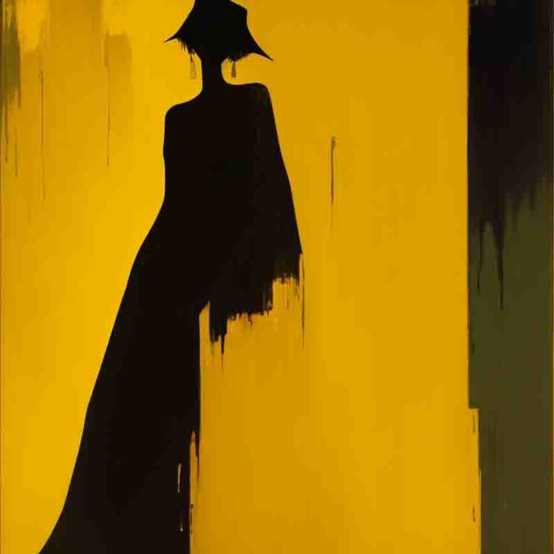 Digital art image of a figure in a long flowing robe. The figure is black and is set against a yellow background.. The figure’s robe and hat are giving the image a surreal feel.
