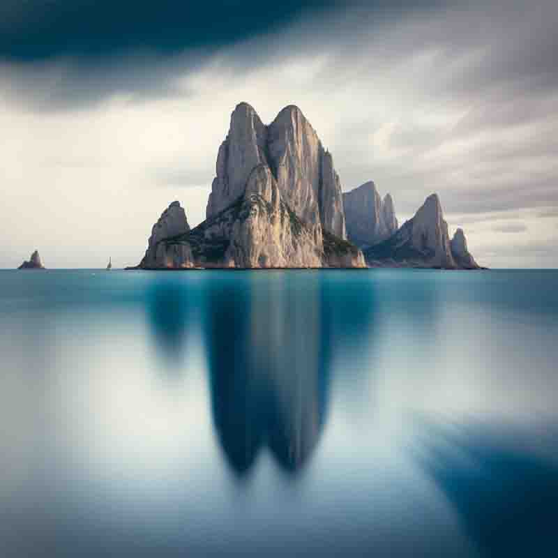 The small mystical island with the name Es Vedra situated on the Mediterranean Sea. A deep blue sky prevails with a few clouds in the sky. Green vegetation covers the island.