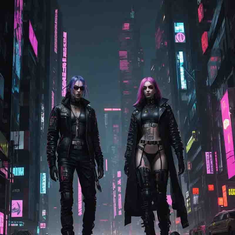 Two Cyber Punk Charakters in a dark, edgy atmosphere in a futuristic cityscape with towering skyscrapers, neon lights, and a cyberpunk aesthetic.