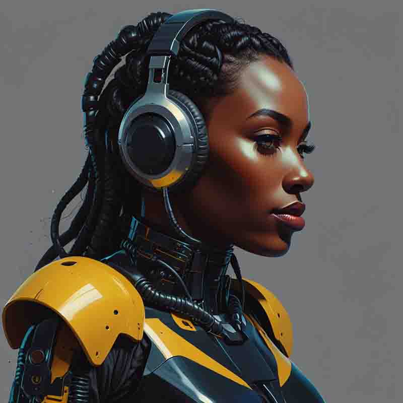 A woman in a stylish futuristic ensemble with new music headphones, showcasing a contemporary and tech-savvy aesthetic.