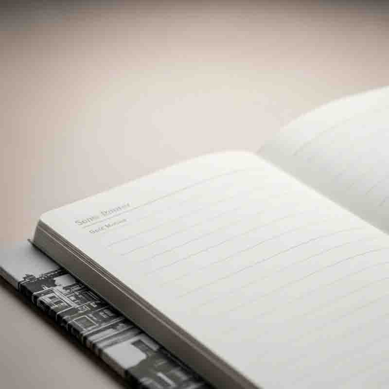 Notebooks for Productivity A close-up, high-angle shot focuses on the open pages of a notebook resting on a light-colored surface.