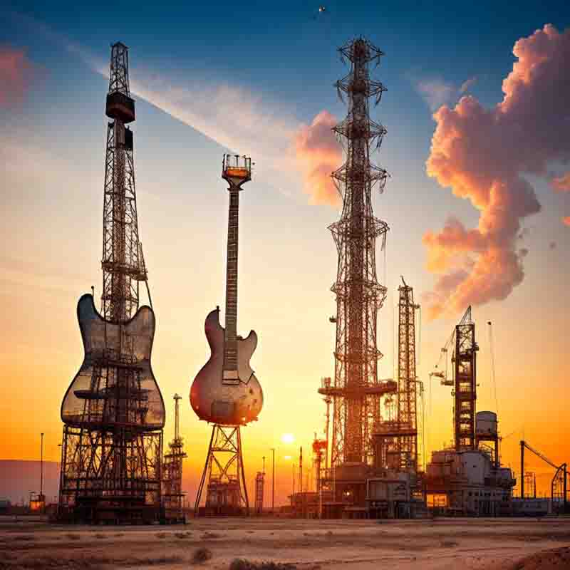 Large guitars sitting on top of a oil pump tower in the middle of the desert. The image has a sense of mystery and isolation.