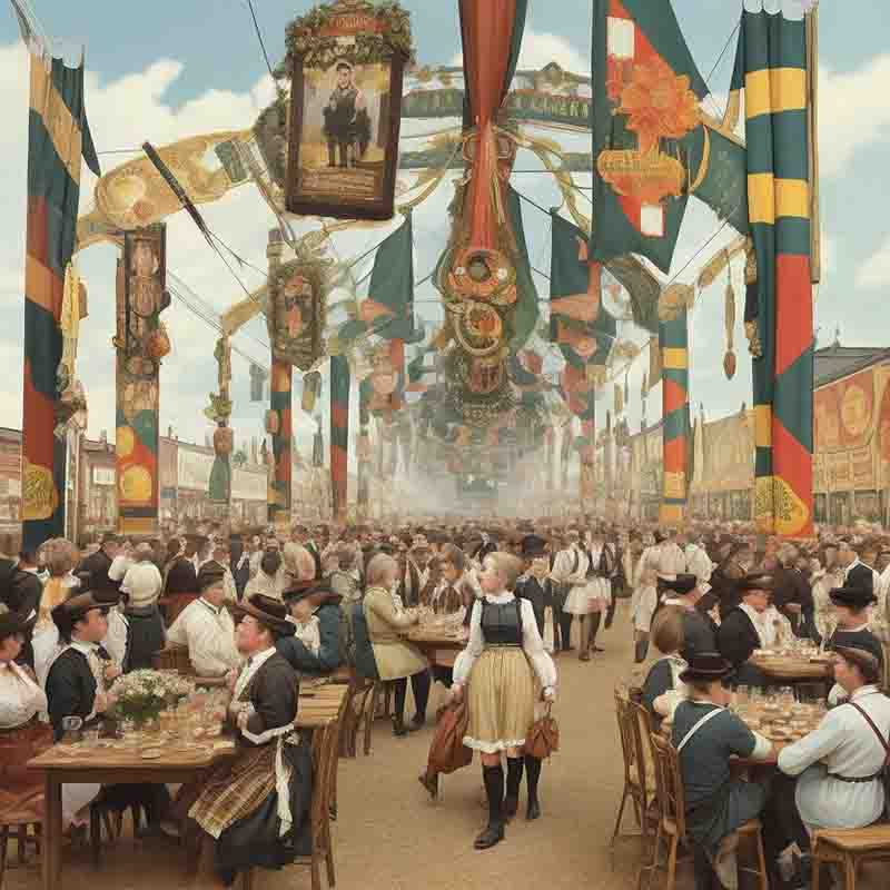 Large outdoor beer Oktoberfest festival with many people gathered around tables. The festival is decorated with colorful flags and banners hanging from poles. The people are dressed in traditional clothing and are eating and drinking beer at the tables.